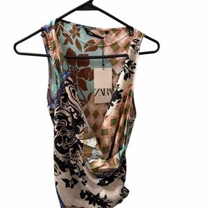Zara Satin Scarf Print Draped Top Patchwork Wrap Sleeveless Blouse Size S